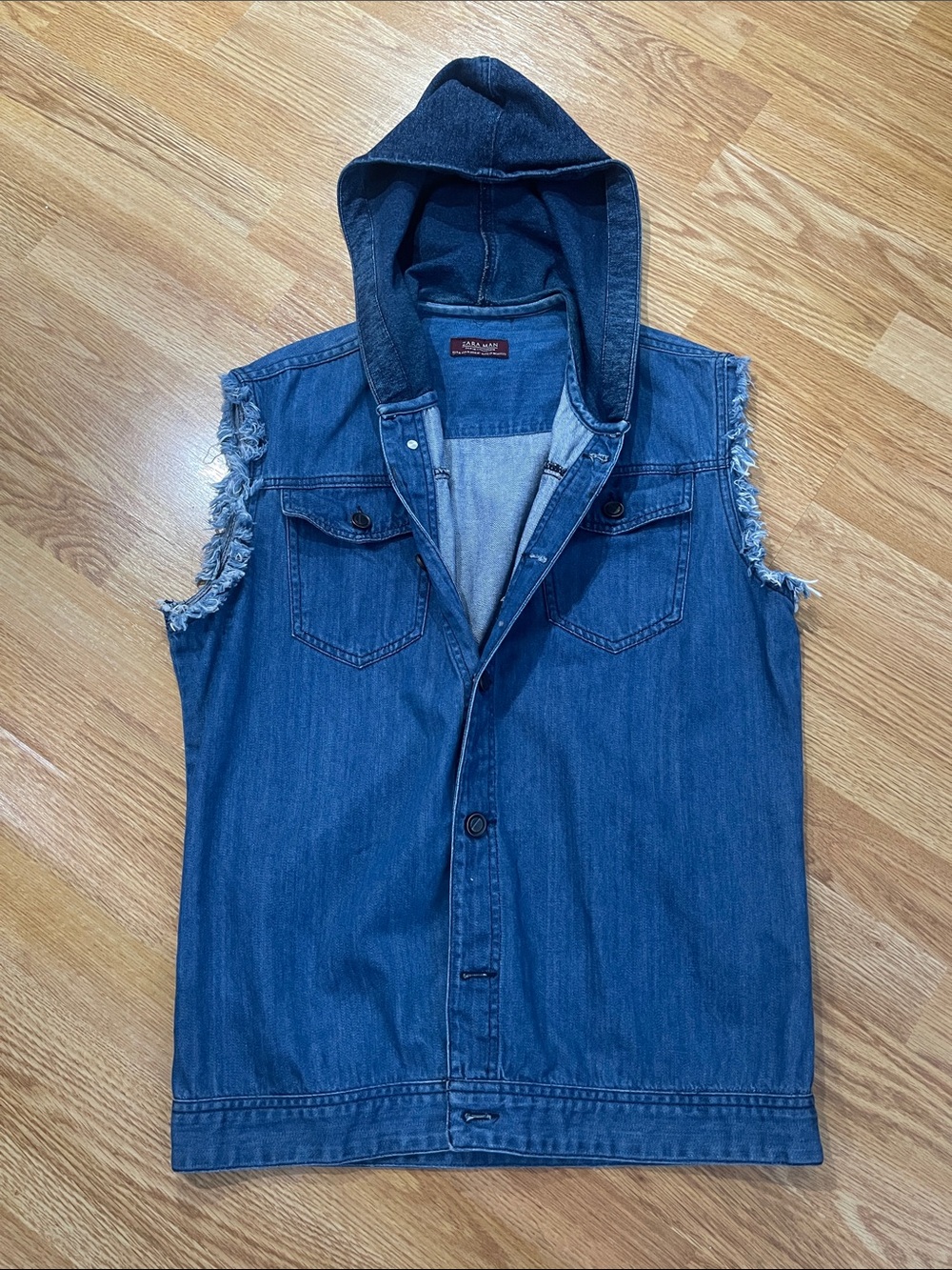 Zara Blue Denim Hooded Sleeveless Jacket